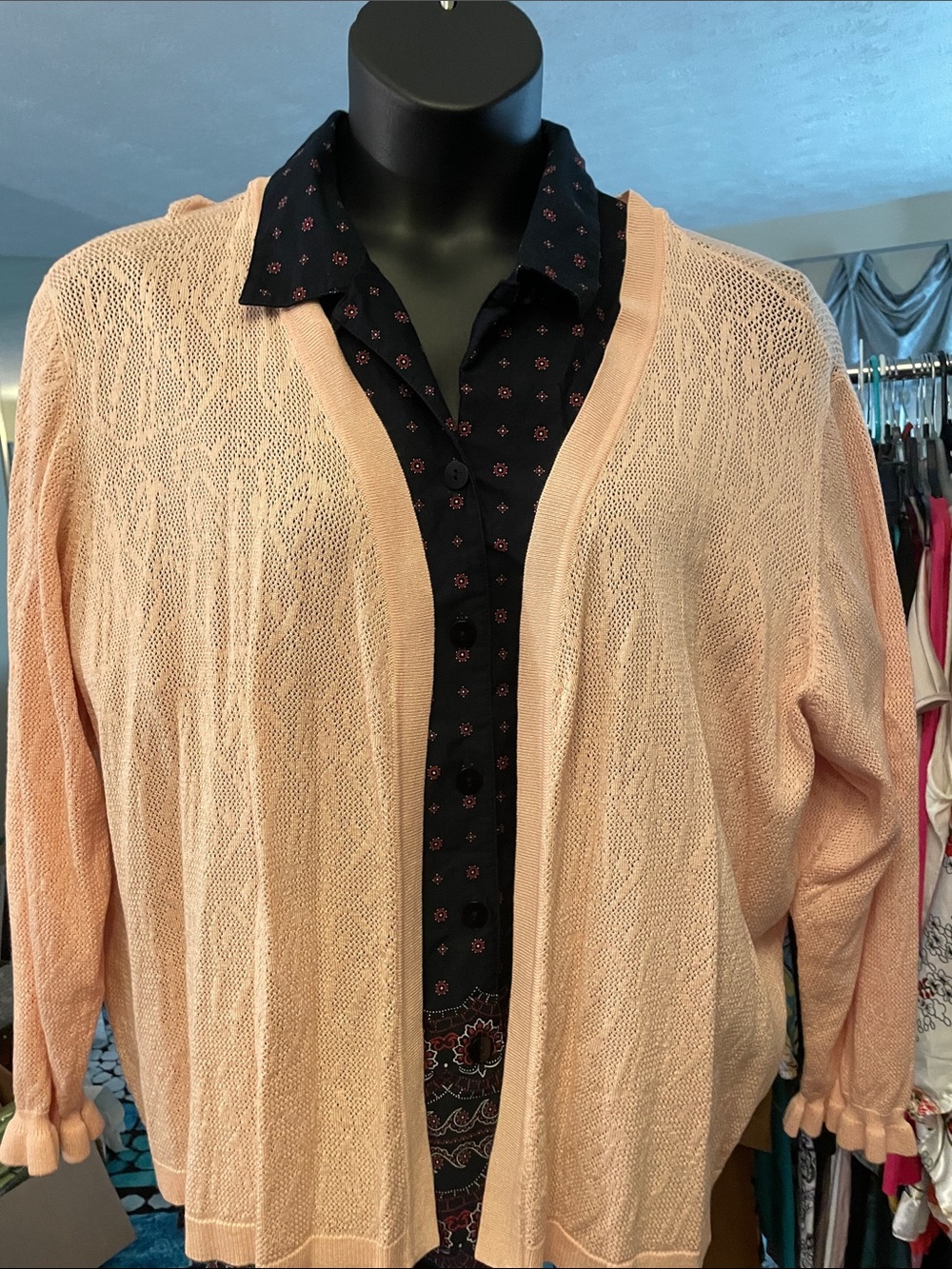 Peach Pink Cotton Open Weave Lace Cardigan 27/28W